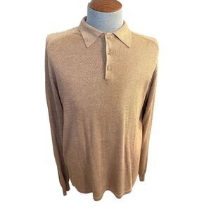 Paul Fredrick Sweater Men Large Tan/Rust Knit 100% Silk Pullover Luxe Cozy
